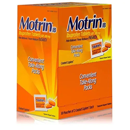 Motrin IB, Ibuprofen 200mg Tablets, NSAID Pain & Fever Reliever for Headache, Backache, Muscular Aches, Arthritis Pain Reliever, 50 Travel Packets of 2, 100 ct MotrinAu supplements