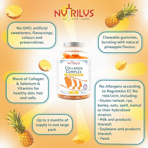 Collagen Complex 90 Natural Pineapple Gummies 500mg - Large Pack - with Biotin & Selenium NutrilusUS supplements