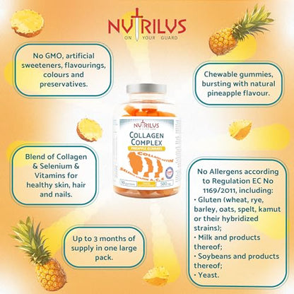 Collagen Complex 90 Natural Pineapple Gummies 500mg - Large Pack - with Biotin & Selenium NutrilusUS supplements