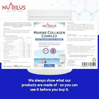 Hydrolysed Marine Collagen Powder 300g with Hyaluronic Acid and Vitamins - 29 Servings NutrilusUS supplements