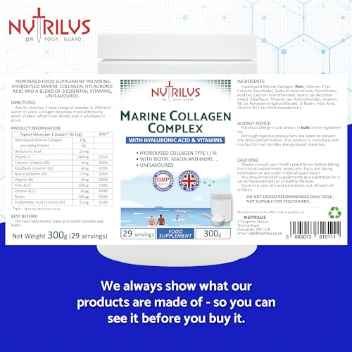 Hydrolysed Marine Collagen Powder 300g with Hyaluronic Acid and Vitamins - 29 Servings NutrilusAu supplements