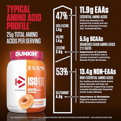 Dymatize ISO100 Hydrolyzed Protein Powder, 100% Whey Isolate, Dunkin' Glazed Donut DymatizeUS supplements
