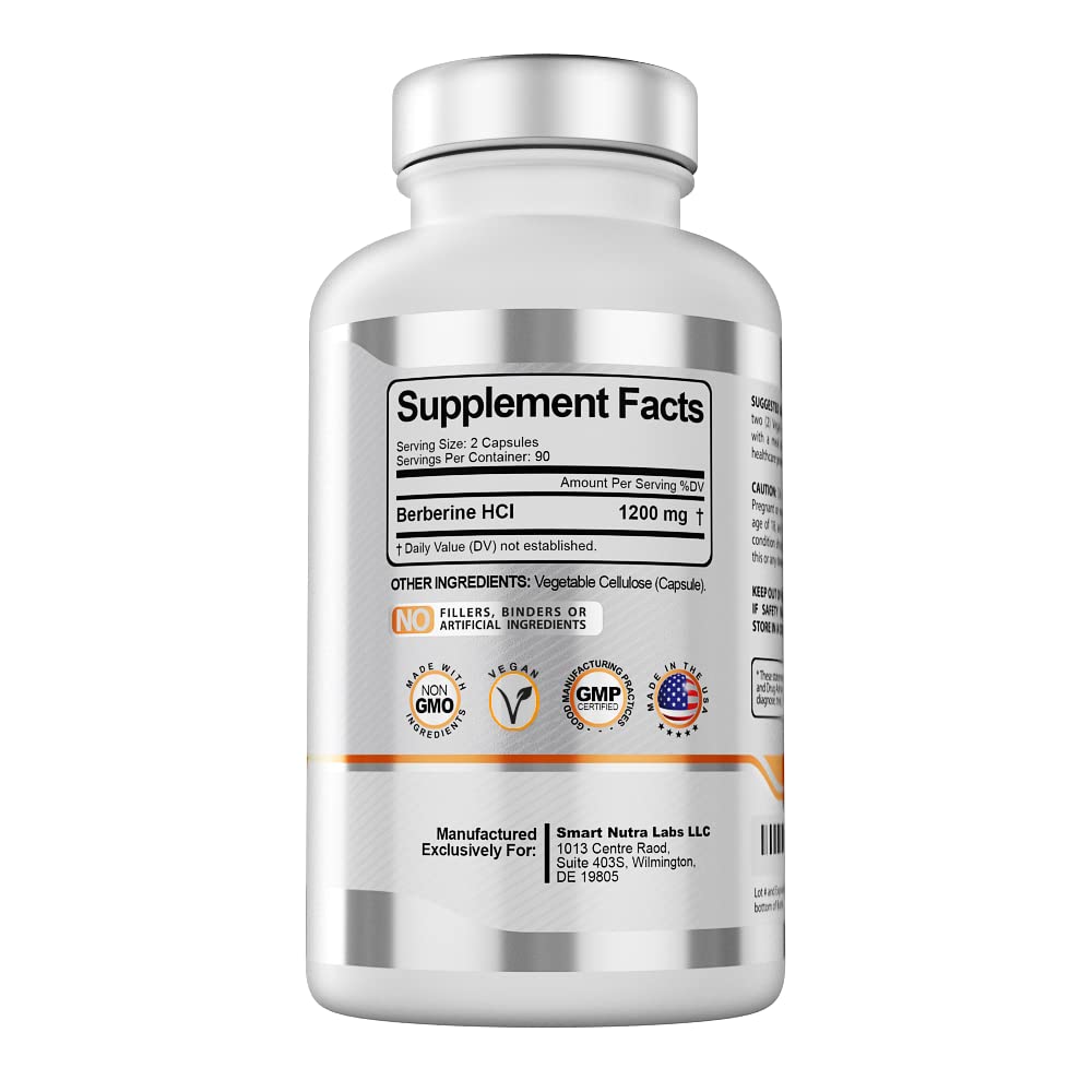 Smart Nutra Labs Premium Berberine HCL 1200mg- 180 Vegan Capsules, 100% Pure Smart Nutra LabsUS supplements