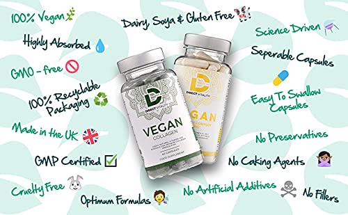 Vegan Collagen Supplement - 1400mg, Spirulina, L-Lysine, L-Proline, Acerola Cherries , Vitamin C & B12, Zinc, Hyaluronic Acid, UK Made D Direct VitalityUS supplements