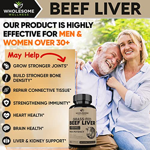 Grass Fed Desiccated Beef Liver Capsules (180 Pills, 750mg Each) - Natural Iron, Vitamin A Wholesome WellnessUS supplements