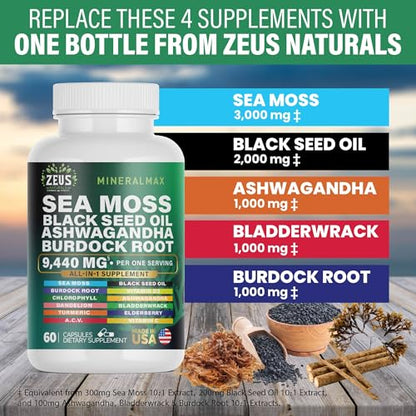 Sea Moss Capsules with Black Seed Oil, Burdock Root, Bladderwrack, Turmeric, Ashwagan Zeus NaturalsUS supplements