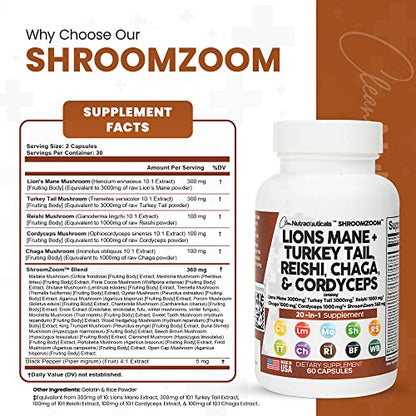 Lions Mane 3000mg 20in1 Mushroom Supplement with Turkey Tail 2000mg Clean NutraceuticalsUS supplements