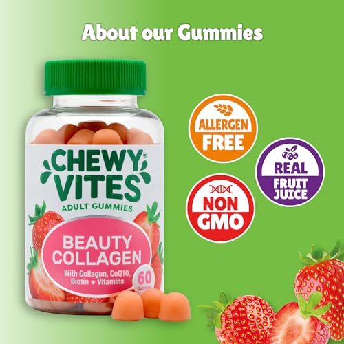Chewy Vites Beauty Collagen 60 Gummy Vitamins |Hydrolised Collagen, CoQ10, Biotin + Vitamins | 1 Month Supply | Real Fruit Juice | Berry Flavour | 2-a-Day | CHEWY VITESAu supplements