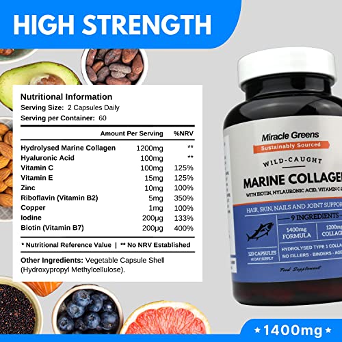 Marine Collagen 1400mg | 120 Capsules with Biotin, Hyaluronic Acid, Vitamin C, E, B2, Zinc, Copper & Iodine Miracle GreensAu supplements