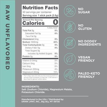 LMNT Zero-Sugar Electrolytes - Raw Unflavored Salt - Hydration Powder Packets Drink LMNTUS supplements