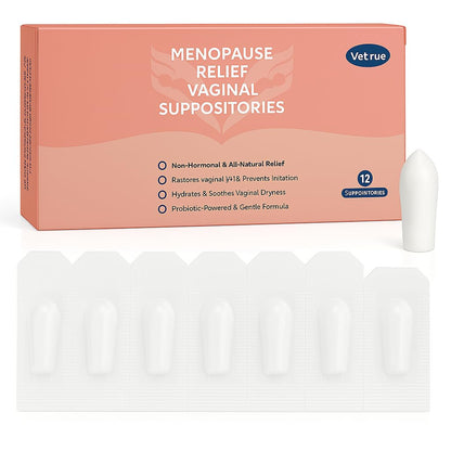 Vetrue Menopause Relief Vaginal Suppositories, Non-Hormonal, All-Natural Formula with Boric Acid, Hyaluronic Acid, Probiotics, Coconut Oil & Vitamin E, Soothes Vaginal Dryness & Discomfort(12 Inserts) vetrueUS supplements