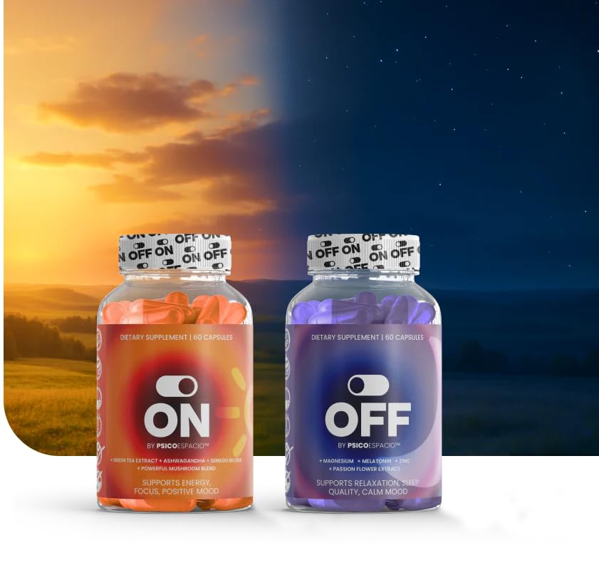 PSICÓESPACIO ON & Off Day & Night Supplement Bundle – Natural Energy with Ashwagandha + Sleep Aid with Melatonin & L-Theanine for Adults, Focus, Relaxation & Mood Support, 60 Count Each OFF BY PSICOESPACIOAu supplements