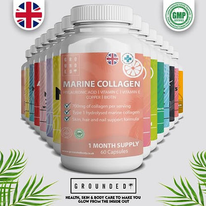 Hydrolysed Marine Collagen 700mg with Hyaluronic Acid, Vitamin C, Vitamin E, Copper & Biotin G R O U N D E D COFFEE SCRUBUS supplements