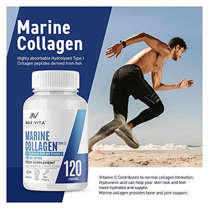 Marine Collagen Type 1 2400mg - 120 Capsules Supplement with Hyaluronic Acid and Vitamin C MAX VITA MAXIMUM VITALITYUS supplements
