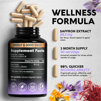Natural Saffron Supplements - Pure Saffron Extract 88.5 mg - Made in USA - Mood NUTRAHARMONYUS supplements