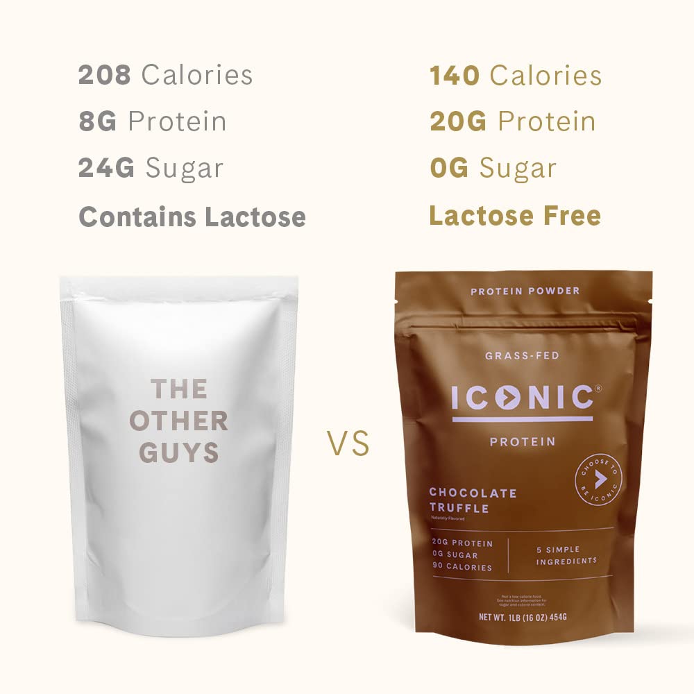 ICONIC Protein Powder, Chocolate Truffle - Sugar Free, Low Carb Protein Powder - Lactose Free, Gluten Free, Non-GMO - 20g Grass Fed Whey & Casein Protein