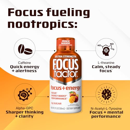 Focus Factor Extra Strength Focus + Energy Shots - 12 x 2oz Bottles (Peach Mango Flavor) - Powered by Nootropics with Caffeine, L-Theanine, Ginkgo, Bacopa, L-Tyrosine, Alpha GPC Focus FactorAu supplements