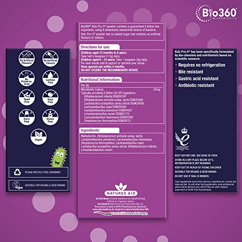 Natures Aid Bio360 Kidz Pro-5 (5 Billion Bacteria) from Natures Aid, Children's Microbiotic natures aidUS supplements