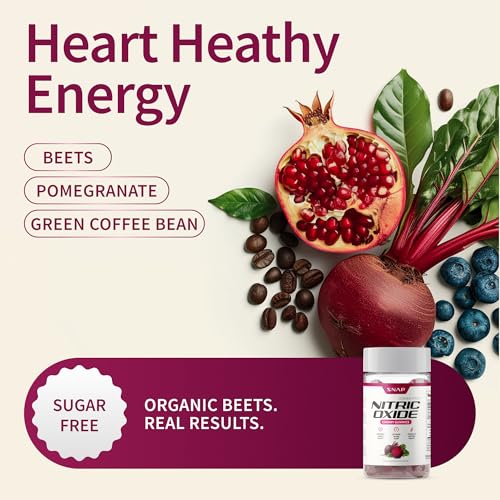 Snap Supplements Nitric Oxide Gummies - Beet Root Extract 300mg, Sugar Free Beetroot Supplement with Pomegranate Powder for Circulation & Natural Energy, 60 Vegan Gummies, Cherry Flavor Snap SupplementsAu supplements