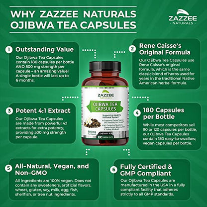 Zazzee Extra Strength Ojibwa Tea 500 mg, 180 Vegan Capsules, Rene Caisse's Original ZazzeeUS supplements