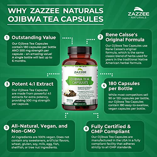 Zazzee Extra Strength Ojibwa Tea 500 mg, 180 Vegan Capsules, Rene Caisse's Original ZazzeeUS supplements