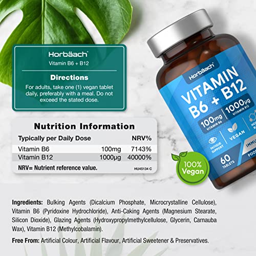 Vitamin B6 and B12 Tablets High Strength | 60 Count | with 100mg of Vitamin B6 HorbäachUS supplements
