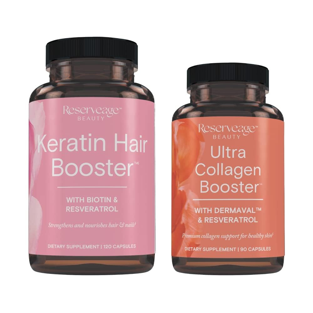 Reserveage Ultra Collagen Booster & Keratin Hair Booster - Features Dermaval, Biotin & Resveratrol - Support Hair & Skin - 90 Ultra Collagen Booster Capsules, 120 Keratin Hair Booster Capsules Reserveage NutritionAu supplements