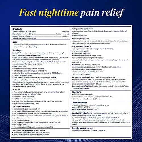 Advil PM Pain Reliever and Nighttime Sleep Aid, Pain Medicine with Ibuprofen for Pain Relief and Diphenhydramine Citrate for A Sleep Aid - 120 Coated Caplets (Pack of 2) AdvilAu supplements
