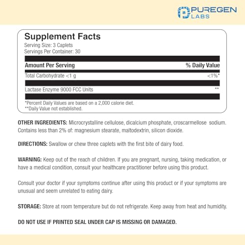 Puregen Labs Dairy Relief Natural Fast Acting Lactase Enzyme 3000 FCC, Lactose Intoleran P Puregen LabsUS supplements