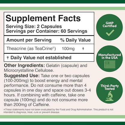 Theacrine (Teacrine) 100 Mg, 60 Capsules - Energy and Focus Supplement (Similar to Caffe Double Wood SupplementsUS supplements