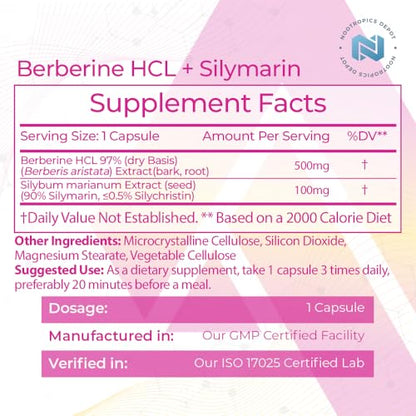 Nootropics Depot Berberine HCL + Silymarin Capsules | 500mg + 90mg | 180 Count Nootropics DepotUS supplements