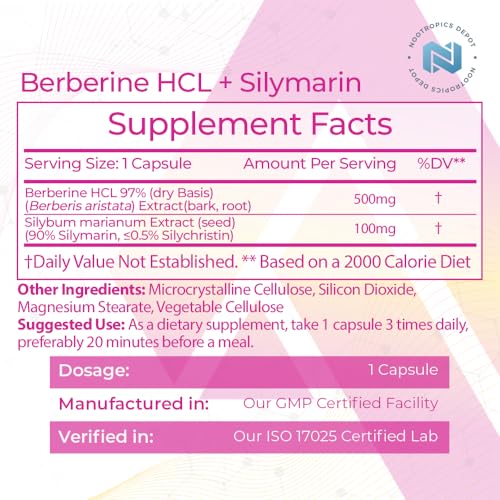 Nootropics Depot Berberine HCL + Silymarin Capsules | 500mg + 90mg | 180 Count Nootropics DepotAu supplements