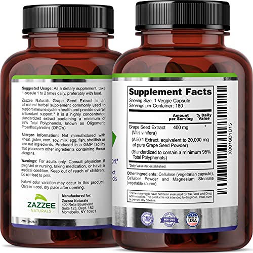 Zazzee High Strength Grape Seed 50:1 Extract, 20,000 mg Strength, 180 Vegan Capsules ZazzeeUS supplements