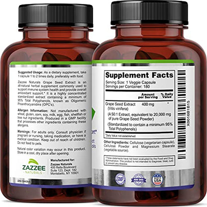 Zazzee High Strength Grape Seed 50:1 Extract, 20,000 mg Strength, 180 Vegan Capsules ZazzeeUS supplements