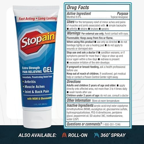Stopain Pain Relief Gel 3oz USA Made, Max Strength Fast Acting with MSM, Glucosamine, Menthol for Arthritis, Lower Back Sciatica, Knee, Neck, HSA FSA Approved Topical Analgesic Products StopainAu supplements