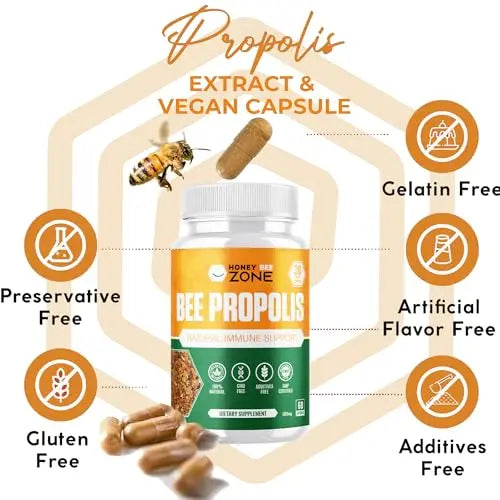 HONEYBEEZONE-Bee Propolis Capsules – 100% Natural Energy and Immune Support Supplement | Non-GMO, Gluten-Free, 60 Easy-to-Swallow Veggie Capsules HONEYBEEZONEnz supplements