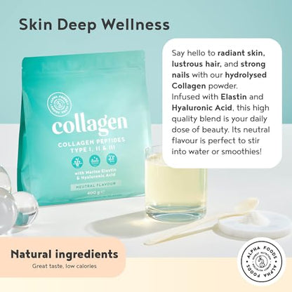 Collagen Powder with Hyaluronic Acid 400g - Collagen Peptides Supplement + Amino Acids Alpha FoodsUS supplements