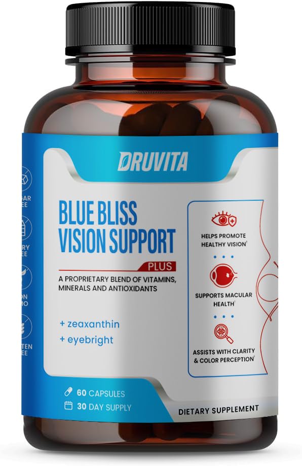 Blue Bliss Vision Support - Eye Vitamins with Lutein, Biotin, Bilberry and Zeaxanthin - Vitamin Supplement for Vision Health and Preservation for Adults Seniors 60 Veggie Capsules 30 Day Supply DruvitaAu supplements