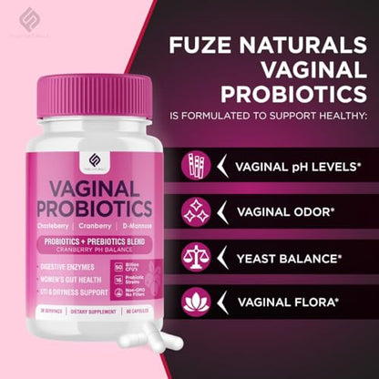 Vaginal Probiotics for Women Digestive Enzymes Gut Health PH Balance Pills, Women's Fuze NaturalsUS supplements