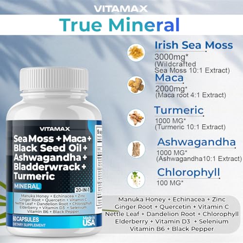 Sea Moss 3000mg Maca 1000mg Black Seed Oil 2000mg Ashwagandha 1000mg Bladderw VitamaxUS supplements