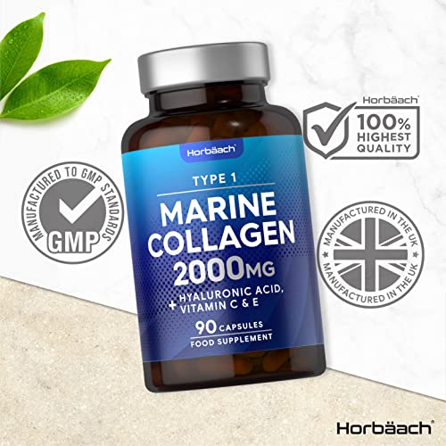 Marine Collagen Capsules | with Hyaluronic Acid, Vitamin C & E | 2000mg | High Strength Type 1 Collagen HorbäachUS supplements
