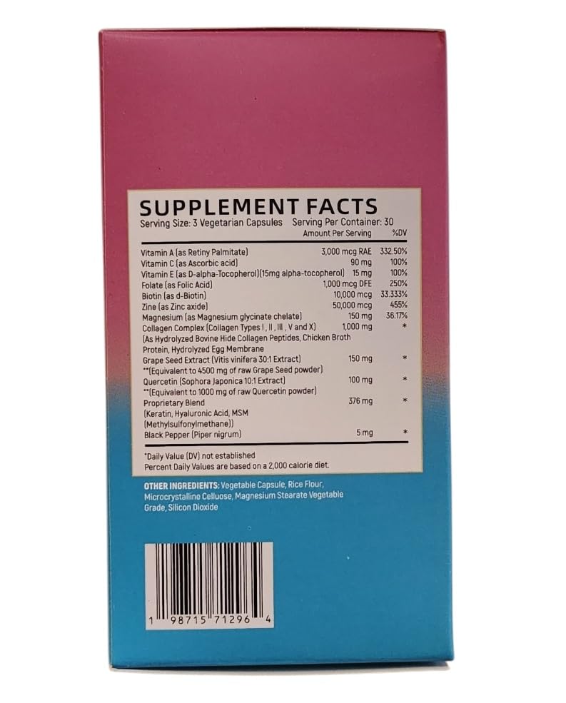 Collagen Peptides Types I, II, III, V & X, 64000 MCG, 14 in 1, Biotin, Keratin, Hyaluronic Acid, Magnesium, MSM, Grape Seed, Vitamin A C & E, Black Pepper, Quercetin, Folate, Zinc (90 Veggie Caps) Main ProductsAu supplements