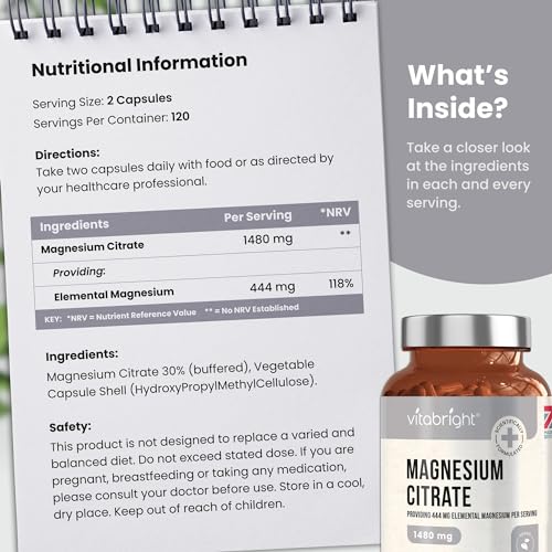 Magnesium Citrate - 1480mg High Strength - 240 Capsules (4 Month Supply) - Vegan VitaBrightUS supplements