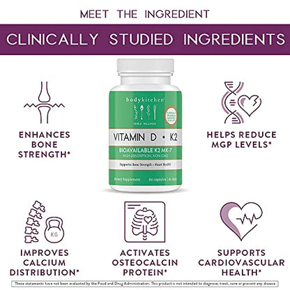 Body Kitchen Vegan Plant-Based Vitamin D3 + K2 (MK7) Supplement, Bone and Heart Body KitchenUS supplements