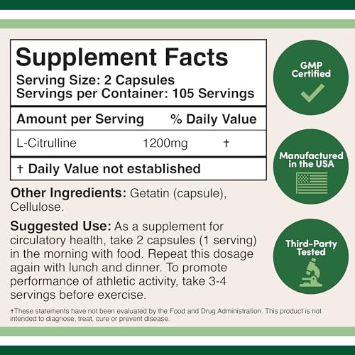 L Citrulline Capsules 1,200mg Per Serving, 210 Count (L-Citrulline Increases Levels Double Wood SupplementsUS supplements