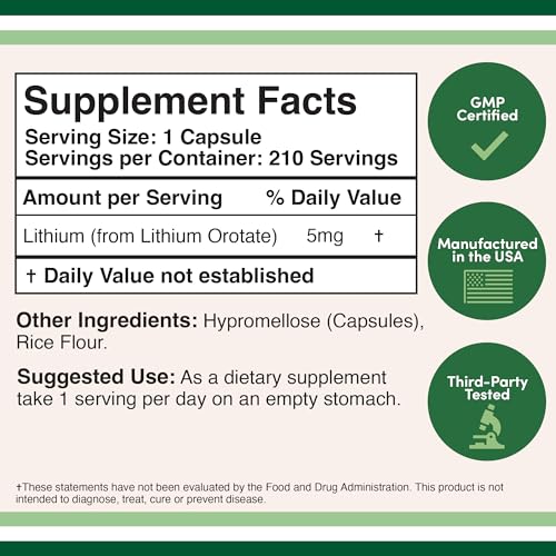 Lithium Orotate 5mg, 210 Capsules (Third Party Tested, Made in The USA Double Wood SupplementsAu supplements