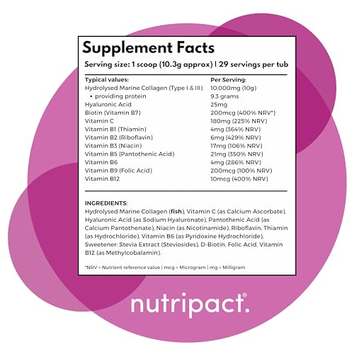 Hydrolysed Marine Collagen Peptides Powder with Hyaluronic Acid, Biotin, Vitamin C & B Vitamins – 10,000mg Collagen nutripactUS supplements