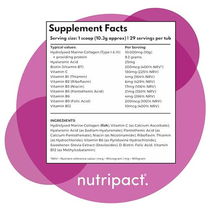Hydrolysed Marine Collagen Peptides Powder with Hyaluronic Acid, Biotin, Vitamin C & B Vitamins – 10,000mg Collagen nutripactUS supplements