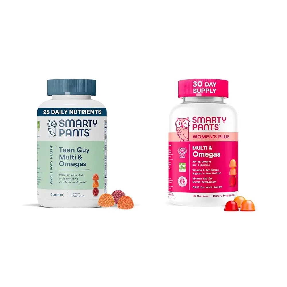 SmartyPants Women's and Teen Guy Multivitamin Gummies Bundle: Omega 3 (DHA/EPA), Methylfolate, CoQ10, Vitamin D3, C, Vitamin B12, B6, Vitamin A, K & Zinc, Gluten Free (30 Day Supply) SmartyPantsAu supplements