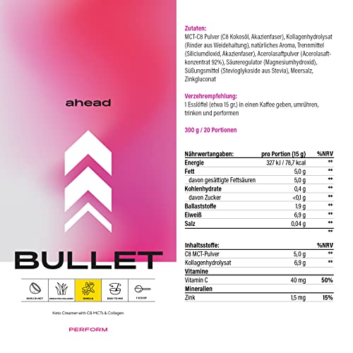 ahead BULLET | C8 MCT Powder with Collagen Powder - Vanilla - 300g - Perfect for Bulletproof Coffee aheadAu supplements